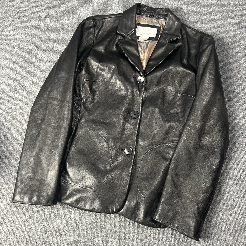 Nine West Jacket Womens Small Black Leather Button Front Blazer Lined Mid Length